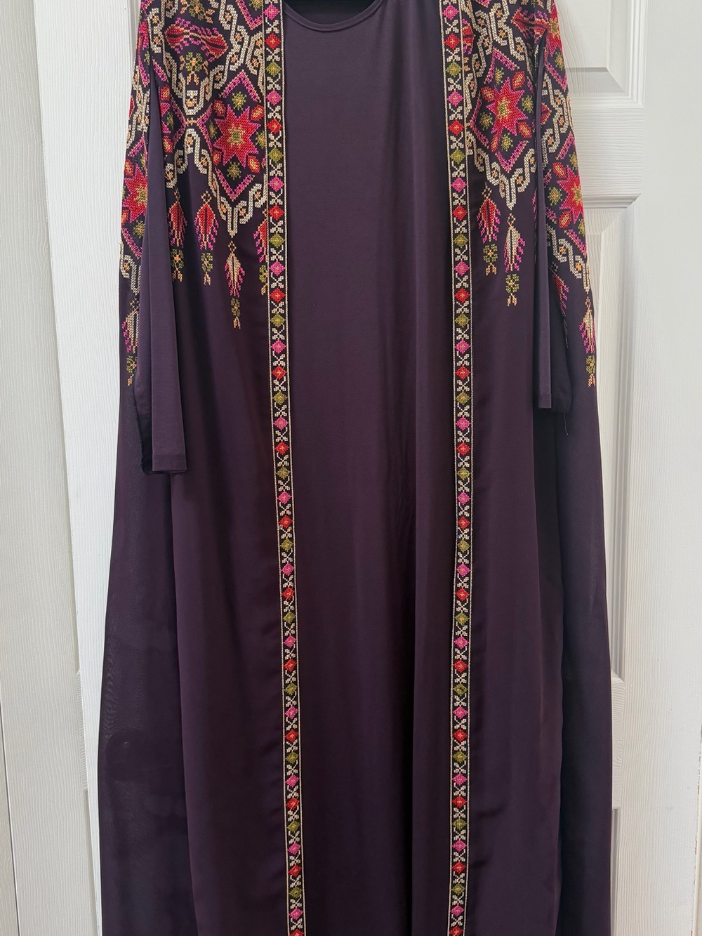 Abaya/ thobe two piece Embroidered Long Sleeve Maxi Dress in Deep Purple